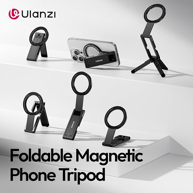 ULANZI MA60 Magnetic Phone Tripod Stand for iPhone - Aluminium Smartphone Mini Tripod Pocket Cell Phone Stand Strong Magnet Quick Mount Compatible with iPhone 16 15 14 13 12 Series, Black