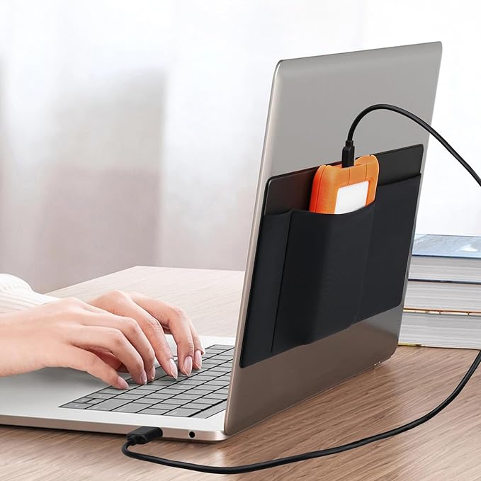 Lacdo 3-Pocket Mouse Holder for Laptop Stick on, External Hard Drive SSD Holder for Laptop, Stick on Pouch Organizer Adhesive Pocket Storage Sleeve for Mouse/HDD/SSD/Cables, Computer Accessories,Black