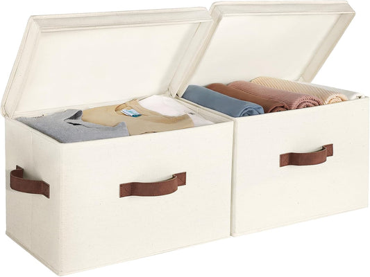 StorageWorks Fabric Storage Bins with Lid, Decorative Storage Boxes for Shelves, Stackable Closet Organizer Basket with Handles, Large, Ivory White, 2-Pack
