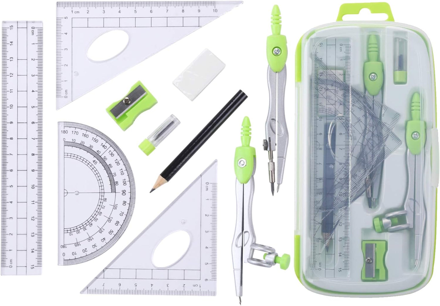 Math Geometry Kit Sets 10 Piece Student Supplies with Shatterproof Storage Box,Includes Rulers,Protractor,Compass,Eraser,Pencil Sharpener,Lead Refills,Pencil,for Drafting（Green）