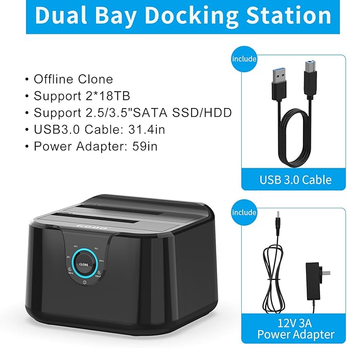 GODO USB 3.0 to SATA III Mini Dual Bay External Hard Drive Docking Station for 2.5/3.5 inch HDD SSD,Support Offline Clone,Hot Pluggable,UASP (5 Gbps) and Max