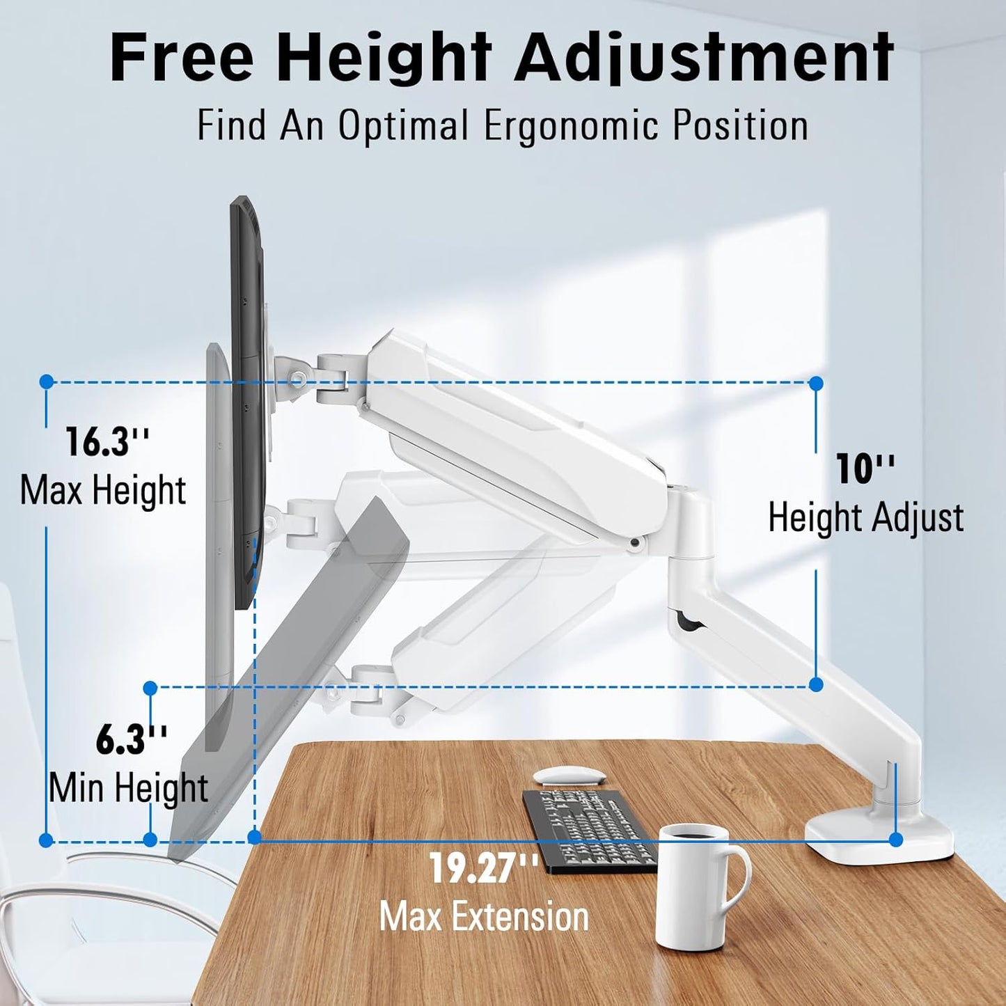 MOUNTUP Single Monitor Desk Mount, Adjustable Gas Spring Monitor Arm Support Max 32 Inch Screen, Computer Monitors Stand with Clamp/Grommet Mounting Base, VESA Mounts Fit 4.4-17.6lbs Computer, White