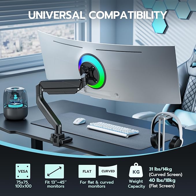 ARES WING Ultrawide Single Monitor Arm, Heavy Duty Monitor Mount for 13"-45" Curved Screens, Adjustable Stand for Desk with C-clamp & Grommet Base up to 40 LBS, Black