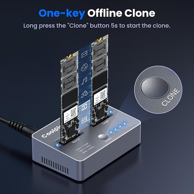M.2 NVME/SATA Duplicator, Coolpie CR121 Dual-Bay Offline Clone M.2 NVME/SATA Docking Station, USB3.2 Gen2*2 20Gbps M.2 Cloner for SSD Size 2230/2242/2260/2280/22110