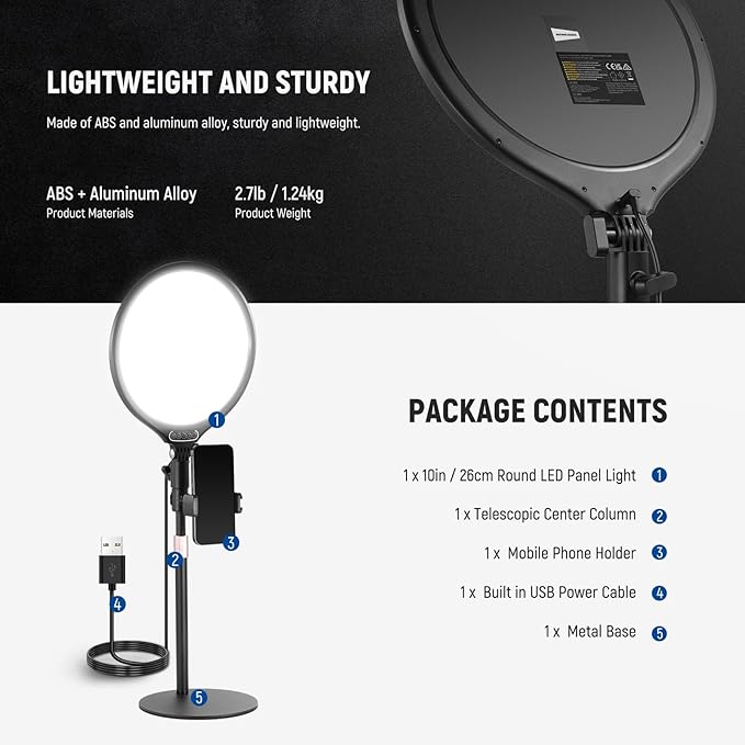 NEEWER Basics 10.5" Desk Ring Light with Stand/Phone Holder/Timer, 3000-6500K Full Screen 15W LED Selfie Panel Lighting for iPhone Recording Streaming Makeup Laptop Webcam Video Conference Zoom, R10