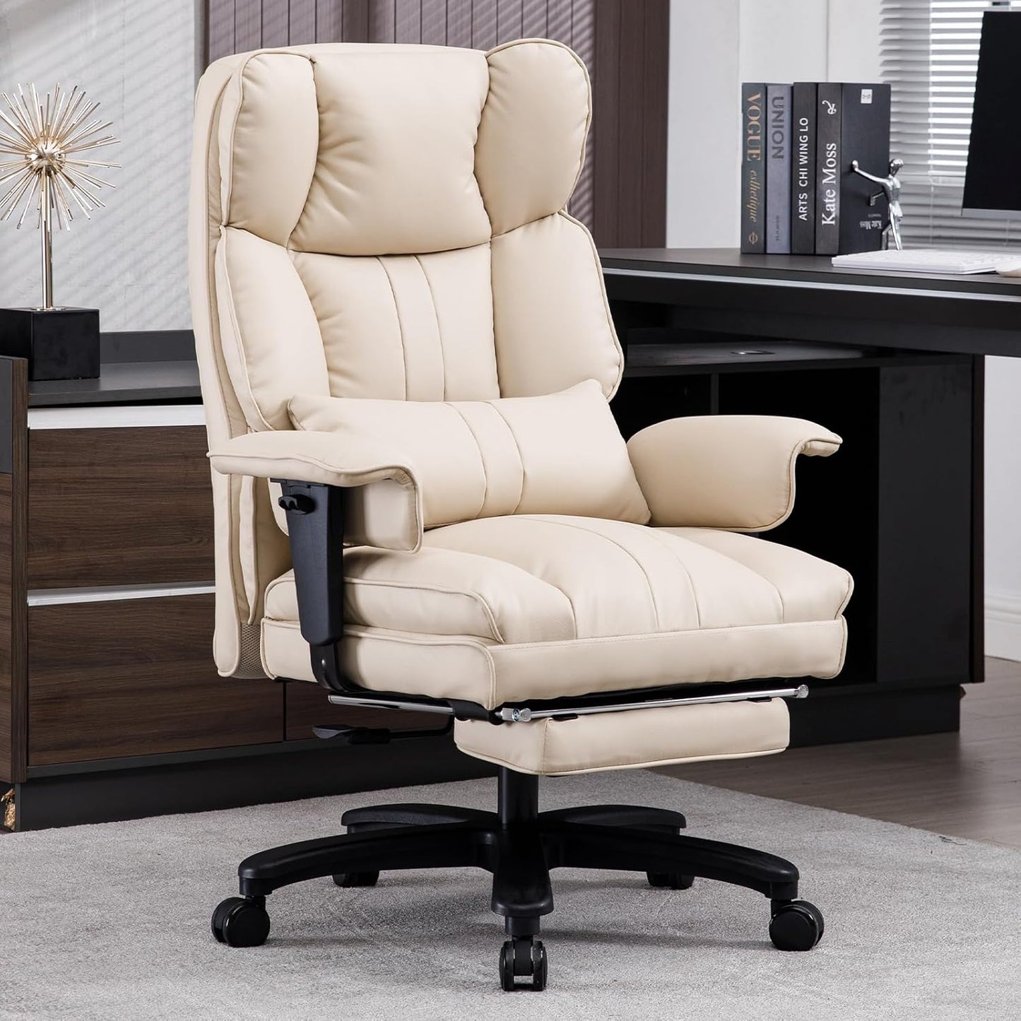 Big and Tall Office Chair 500lbs Wide Seat Executive Office Desk Chair High-Back Office Task Chair with Foot Rest, Ergonomic Lumbar Support Computer Office Chairs for Heavy People(Beige)