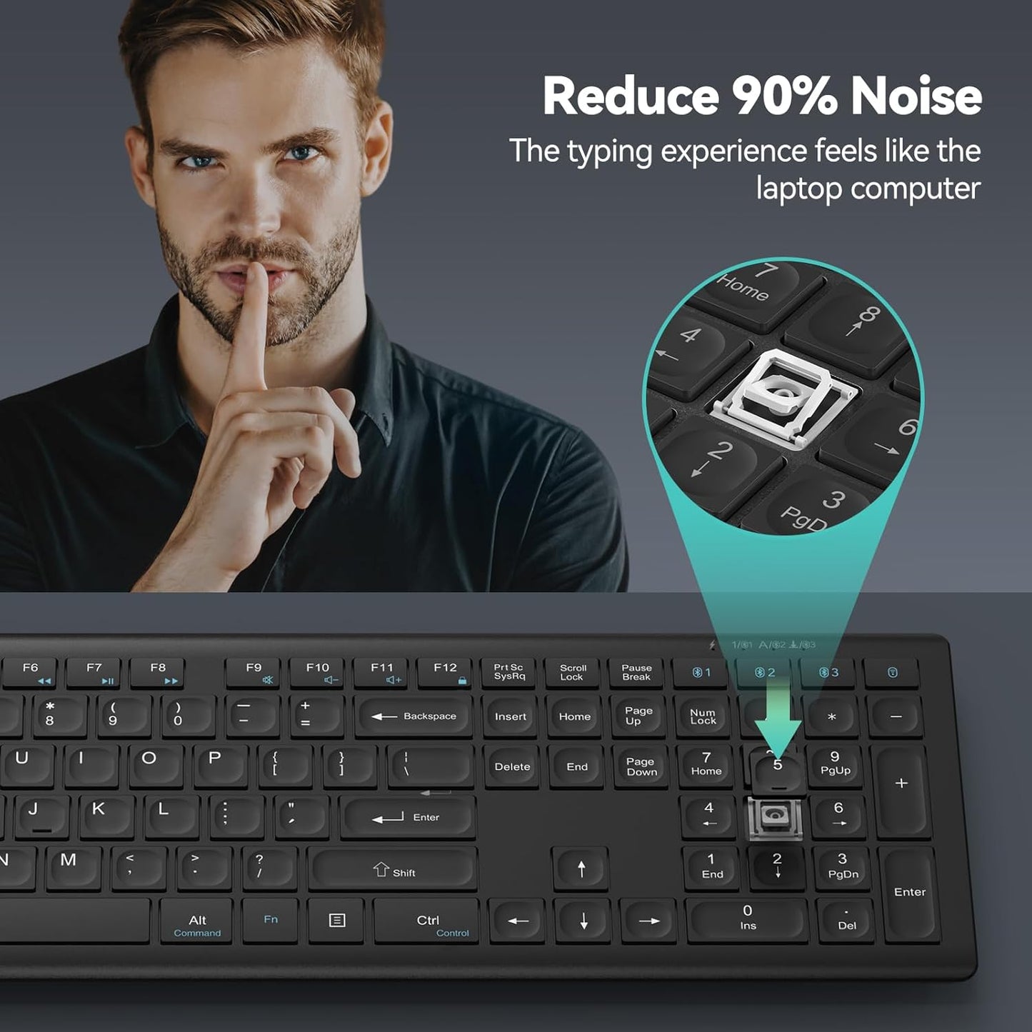 TECKNET Bluetooth Keyboard Rechargeable, 4-Device Free Switching (2.4G+BT), Ultra-Slim Full Size Wireless Keyboard, Quiet Typing, for PC/Laptop/Smart TV/Phone, Adjustable Stand, 12 Multimedia Keys