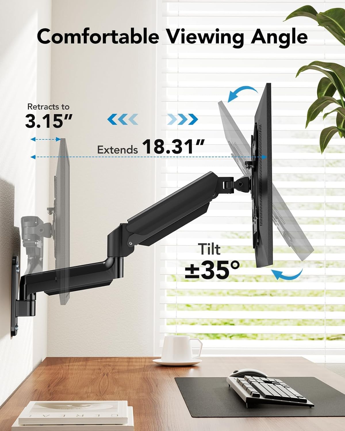 HUANUO Computer Monitor Wall Mount for 22 to 35 inch Flat Curved Screens, Single Wall Mount Monitor Arm Holds up to 26.4lbs, Height Adjustable Full Motion Gas Springcore Vesa Mount, Max 200x200mm