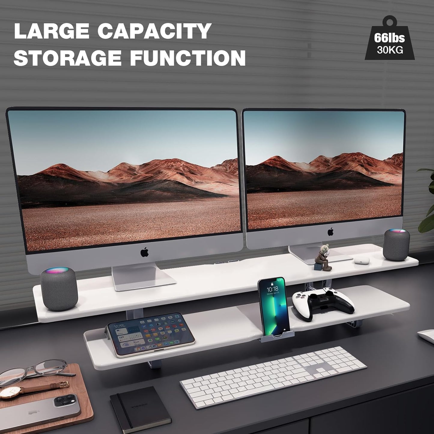 Dual Monitor Stand, 2-Tier Wood Monitor Riser with Storage Organizer and Cable Management, White