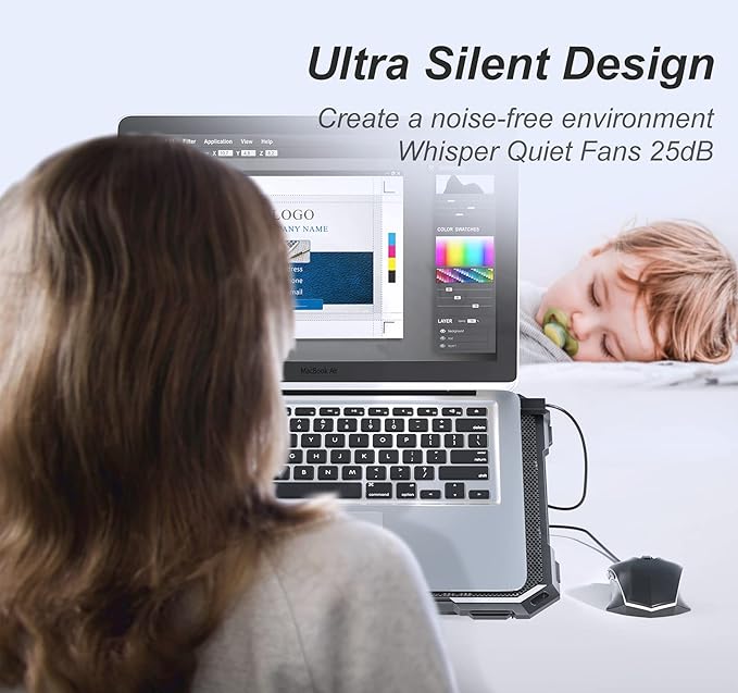 ICE COOREL Laptop Cooling Pad with 6 Cooling Fans, Cooling Pad for Laptop Fan 13-15.6 Inch, Laptop Cooler Stand with 6 Height Adjustable, Notebook Cooler Pad with Two USB Port