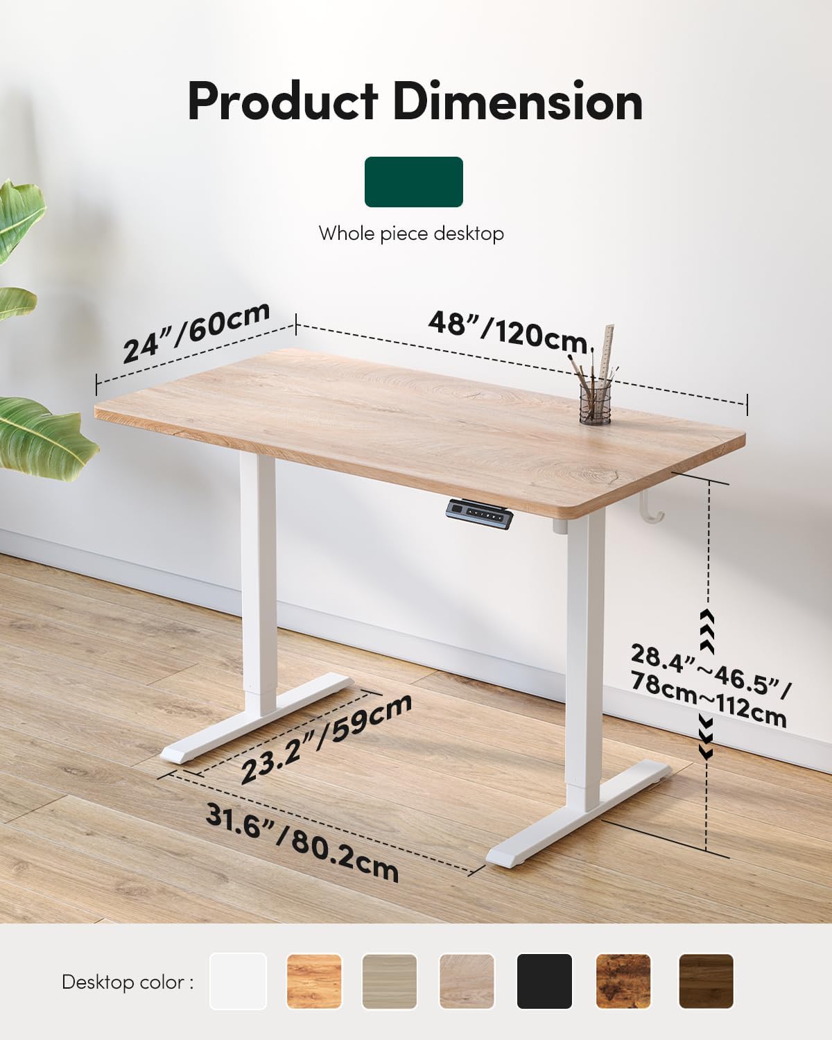 FEZIBO One-Piece Standing Desk Adjustable Height Stand up Home Office Desk, 48x24 Inch Electric Standing Computer Desk, with 4 Memory Presets, Fixable casters, Maple
