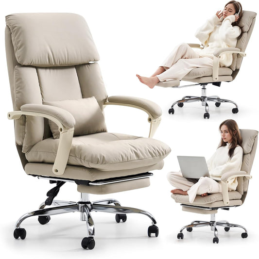 EMIAH Office Chair with Foot Rest, Ergonomic Executive Office Chair with Arms, Reclining High Back PU Leather Comfy Swivel Computer Desk Chairs with Wheels and Lumbar Support for Home Office, Beige
