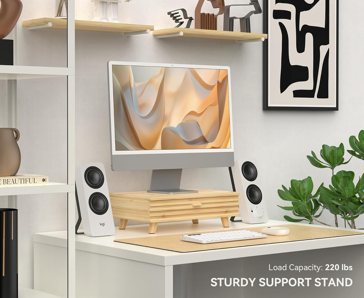 Bamboo Monitor Stand with Drawer - Desk Organizer with Cable Management & Storage, Ergonomic Laptop Riser for Home Office (220lbs Capacity, 15.7 inch ,Natural)