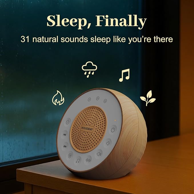 Housbay White Noise Sound Machine for Sleeping, 31 Soothing Sounds, Small Sleep Machine for Adults, Wood Grain Design for Bedroom & Noise Canceling