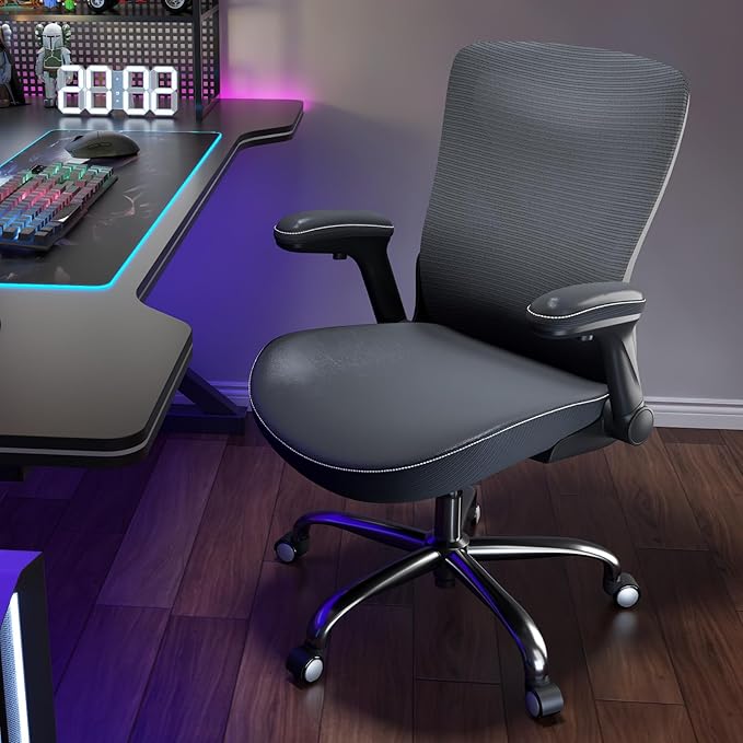 Ergonomic Office Chair-Computer PU Leather X-Shaped Desk Chair-Gaming Chair with Adjustable Flip-up Armrests Lumbar Support Mesh Executive Chair for Long Hours Office (Black-Silver)