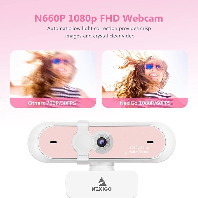NexiGo N660P 1080P 60FPS Webcam with Software Control, Dual Microphone & Cover, Autofocus, HD USB Computer Web Camera, for OBS/Zoom/Skype/FaceTime/Teams/Twitch, Pink