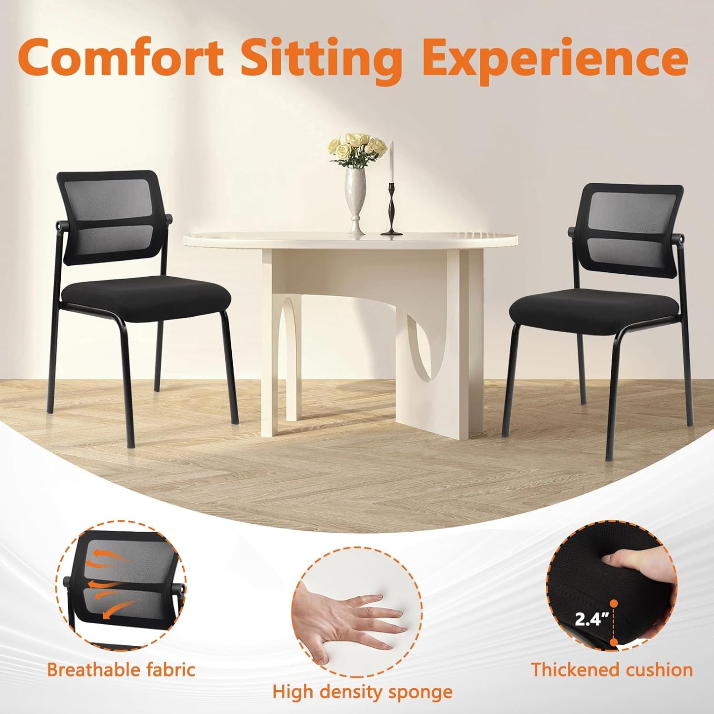 CLATINA Stacking Armless Office Waiting Room Chair with Adjustable Backrest, Stackable Mesh Guest Reception Desk Chairs with Ergonomic Lumbar Support for Conference Lobby Side School, Black, 4 Pack