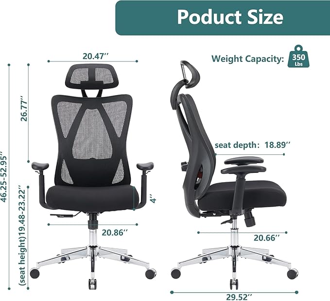 Home Office Desk Chair,2D Armrest Adjustable Lumbar Support & Headrest,Ergonomic High Back Rolling Work Swivel Computer Chairs with Wheels,135°Tilt Function, Inky