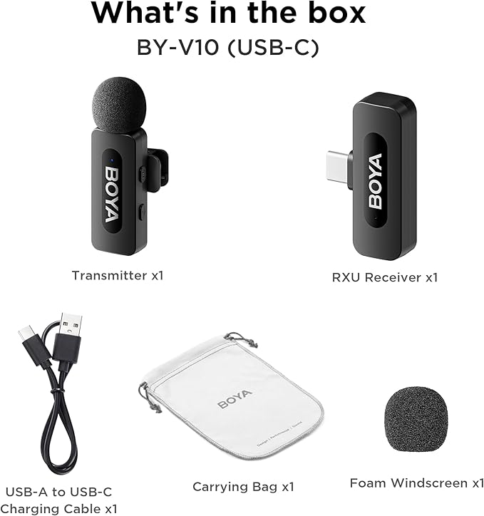 BOYA BY-V10 USB-C Wireless Lavalier Microphone for iPhone16/15 Android, Type-C Smartphone Laptop, Noise Canceling, Mini Clip-on Microphone for YouTube, Podcast, Facebook, TikTok Vlogging Recordings