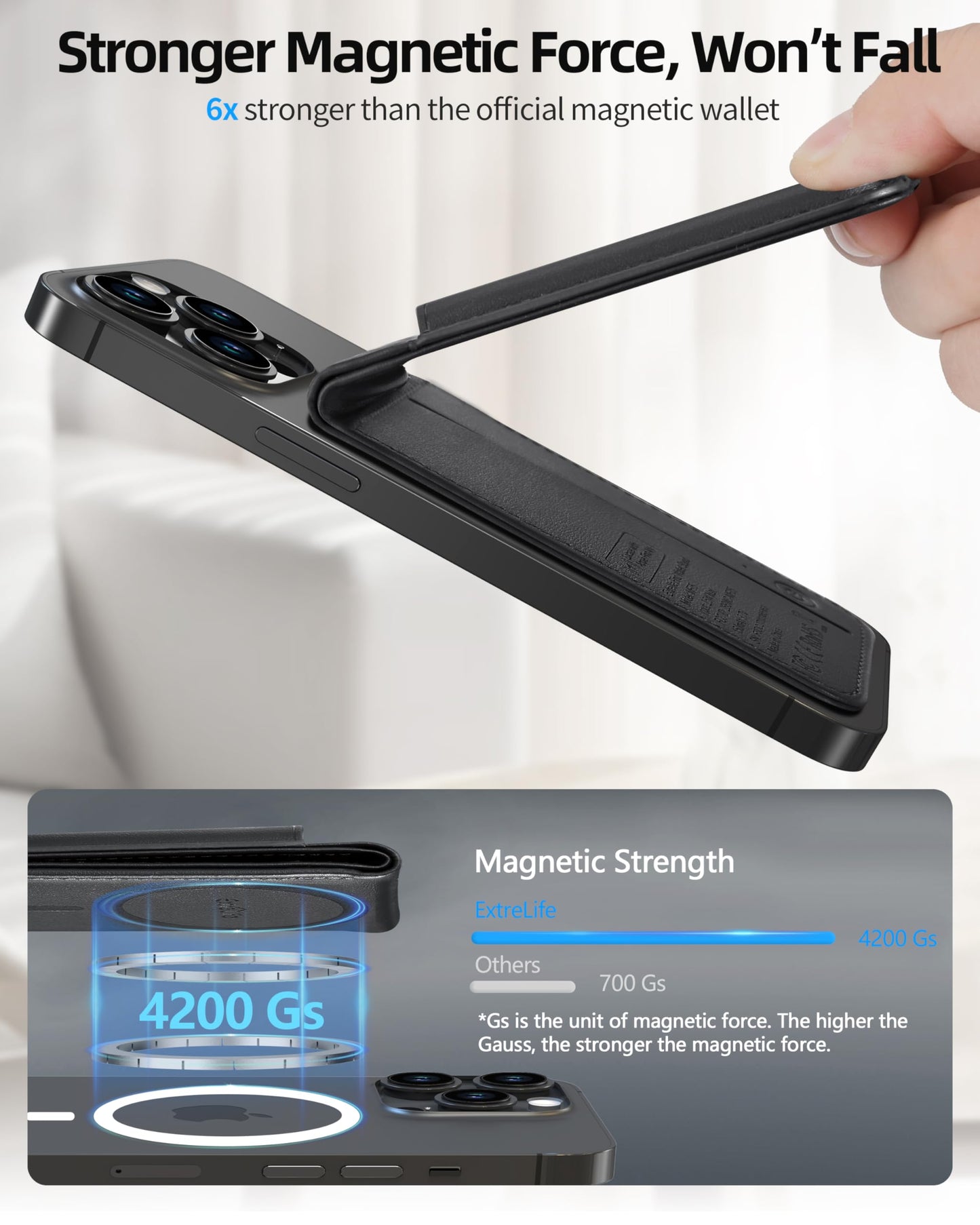 for Magsafe Wallet, Works with Apple Find My, Strongest Magnetic Wallet for iPhone 16/15/14/13/12 Series, for iPhone Walle t with Adjustable Stand, 3 Card Slots, 6 Cards Holder, Vegan Leather, Black