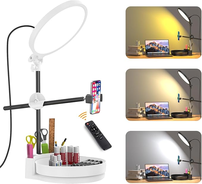 Desk Ring Light with Stand,55W Dimmable Full Screen Ring Light,with Rotating Storage Box,Pen Holder Stand,Phone Holder&Controller (White, 10.5)