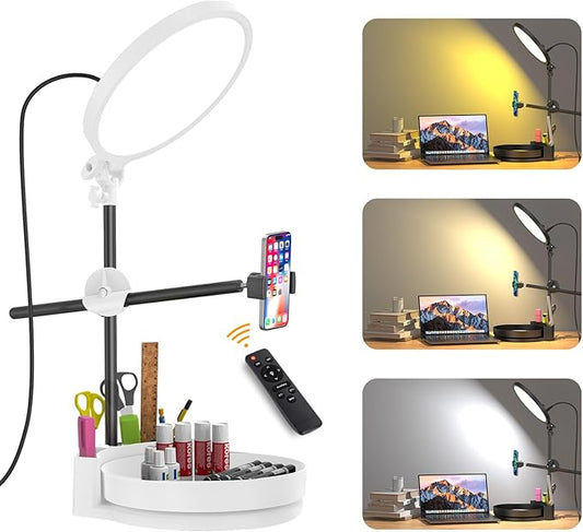 Desk Ring Light with Stand,55W Dimmable Full Screen Ring Light,with Rotating Storage Box,Pen Holder Stand,Phone Holder&Controller (White, 10.5)