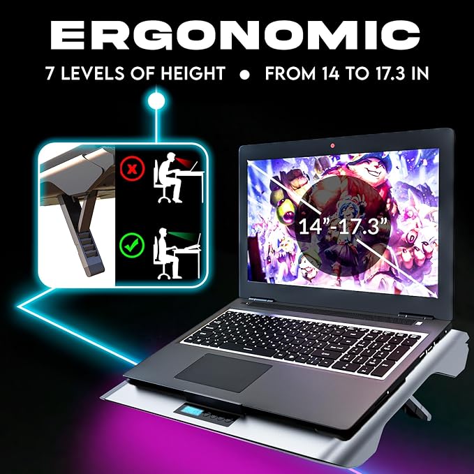 KLIM Everest Laptop Cooling Pad | Powerful 4300 RPM Turbo Fans | Sealed Foam for Maximum Cooling | Protect Your Gaming Laptop from Overheating | Fits 14” to 17.3” Laptops | RGB Lights