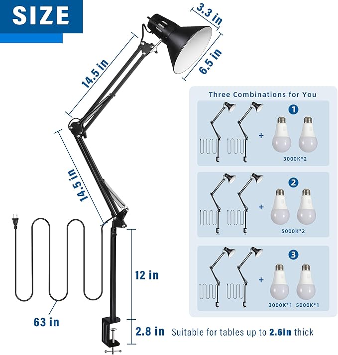 2 Pack Desk Lamp w/A19 E26 LED Bulb for Home Office Eye-Caring Metal Extra Tall Swing Arm High Intensity Clamp Flexible Gooseneck Side Table Working Reading Computer Workbench 5000K White Light
