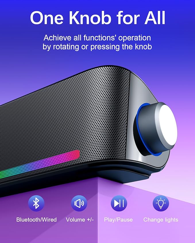 Computer Speakers, Hi-Fi Sound Quality Computer Sound Bar, Bluetooth 5.0 & 3.5mm Wired PC Speakers with 4 Dynamic Lighting Modes, USB Powered Speakers for PC, Desktop, Laptops, Phones, Monitors, Xbox