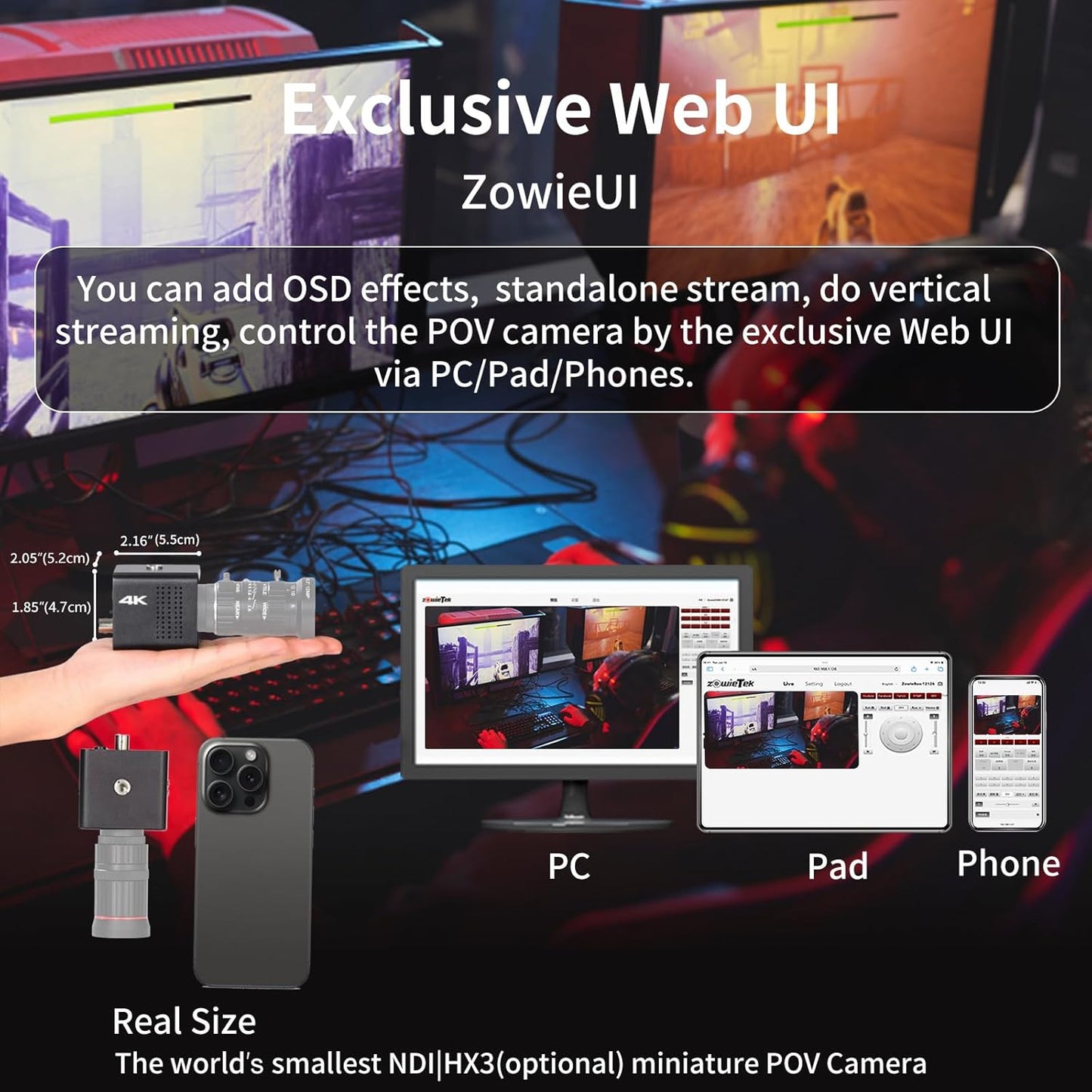4K POV Box Camera PoE, ZowieCAM, Webcam, Simultaneously HDMI & SDI Output, RTSP/RTMP(s)/SRT, Standalone Live Streaming to YouTube/Twitch for Webcast, Meeting, Teaching & Gaming (CS)