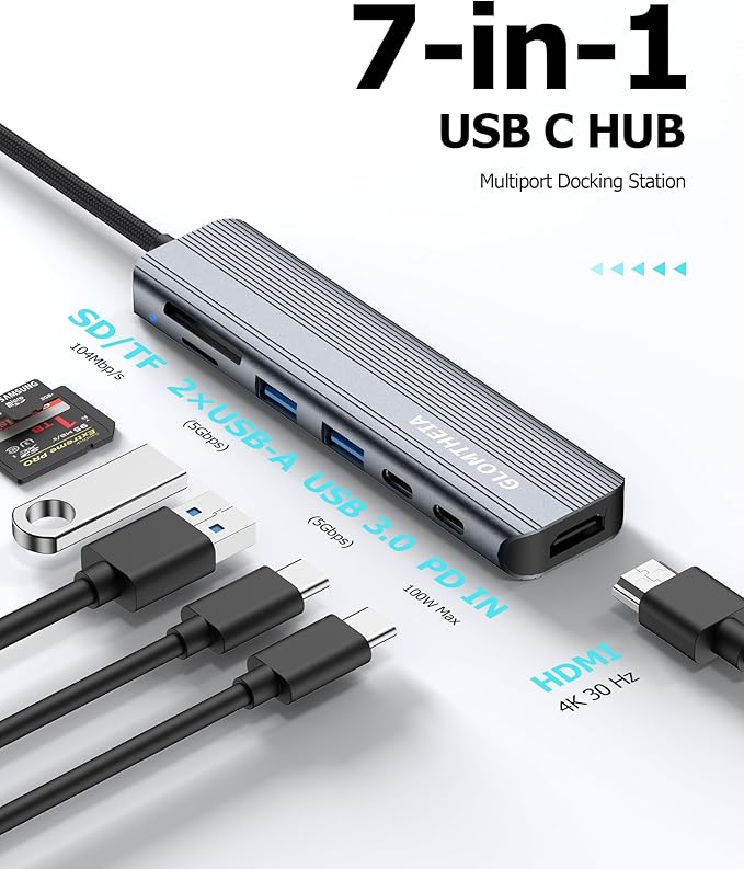 USB C Hub Multiport Adapter for Laptop MacBook Air/Pro, Multiple Ports Dongle Dock with 4K HDMI, 100W PD, 2xUSB-A 3.0, USB-C Data Port, SD/TF Card Reader
