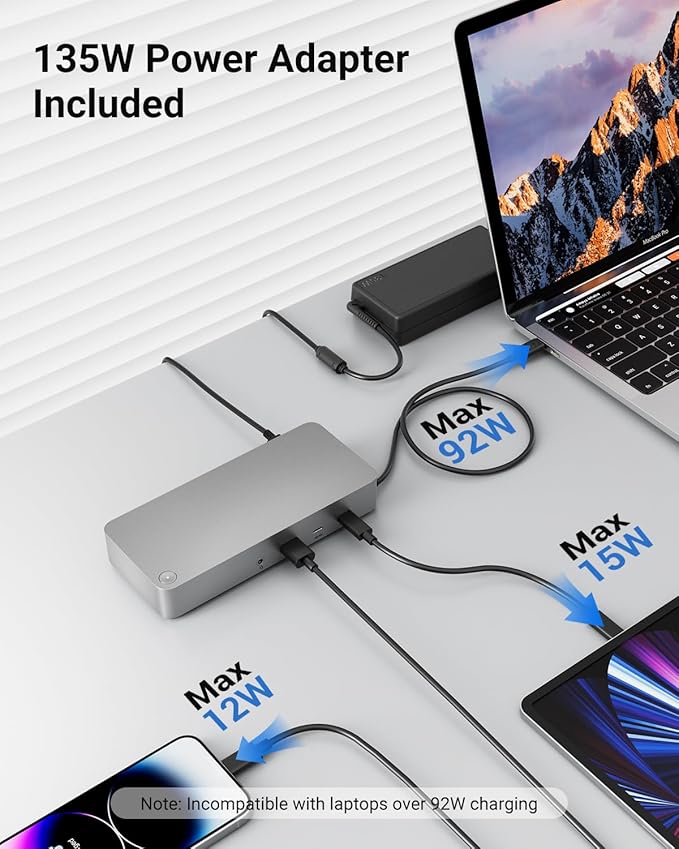 Laptop Docking Station(12-in-1), for Thunderbolt 4, USB 4, or USB-C Systems, 92W Charging for Laptop, 40 Gbps Data Transfer, Single 8K, Quad 4K Display, Ethernet, Compatible with Windows, MacOS