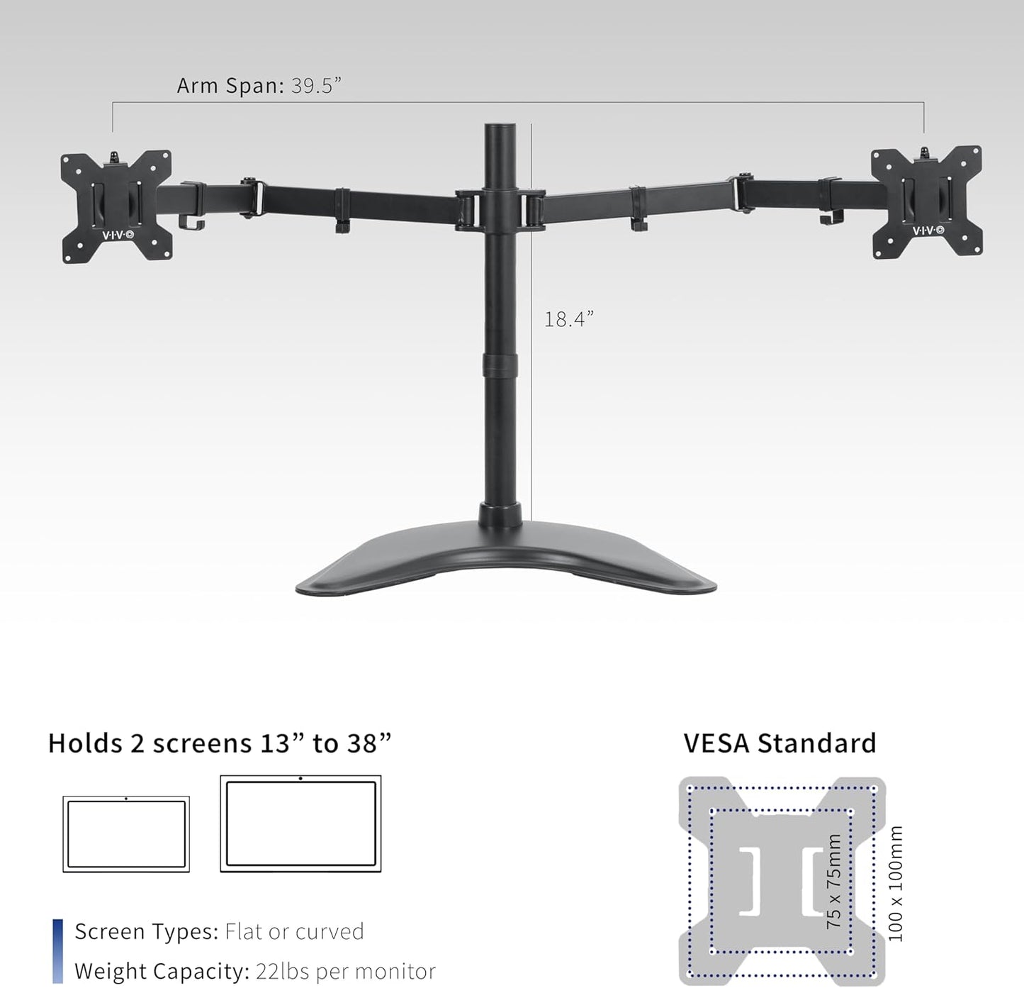 VIVO Dual Ultrawide Monitor Mount, Free-Standing Desk Stand for 2 Screens up to 38 Inches, Heavy-Duty Adjustable Arms, Max VESA 100x100mm, Black, STAND-V038F