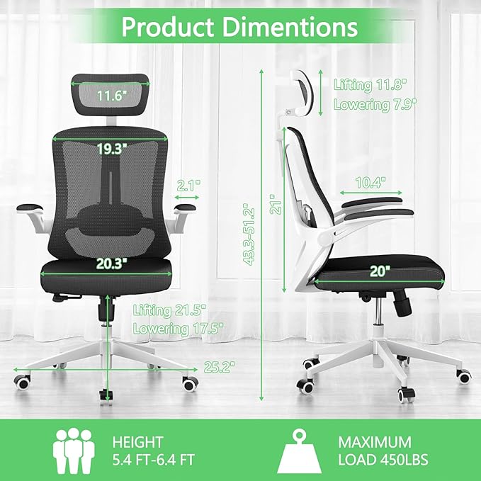 Office Desk Chair, High Back Ergonomic Comfy Offiec Chairs, Computer Mesh Chair with Folding Arms, Adjustable Headrest, Capacity 350LBS, Lumbar Support