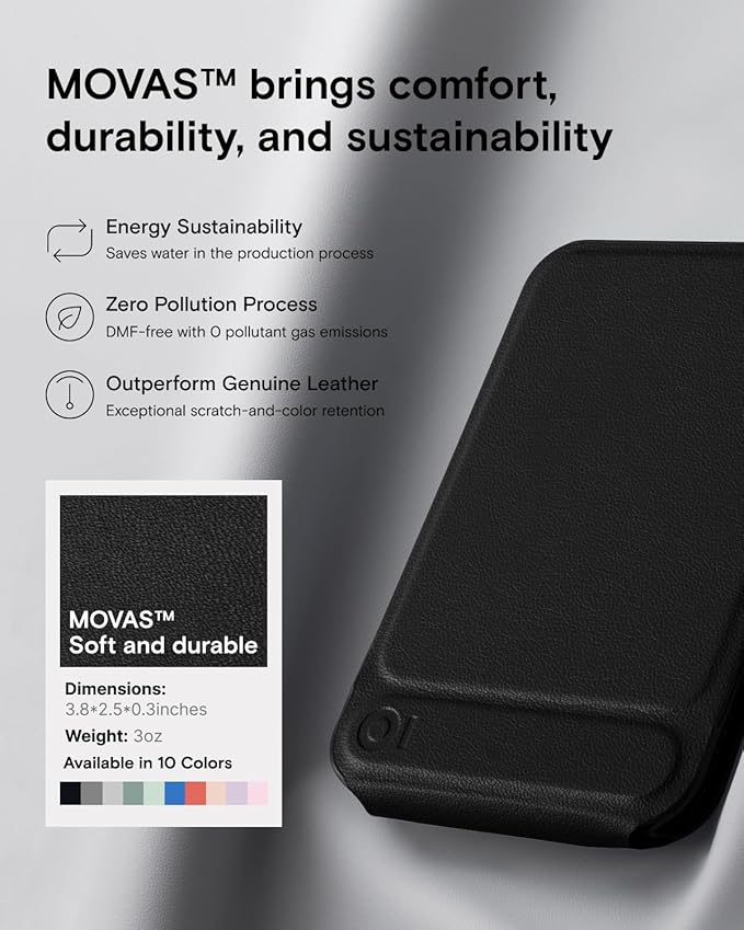 MOFT Phone Stand, Magnetic Phone Tripod Stand Stain-Resistant MOVAS Leather & Angle Adjustment & Strong Magnets Tripod for iPhone 16/15/14/13/12 (Included Metal Ring)-Jet Black