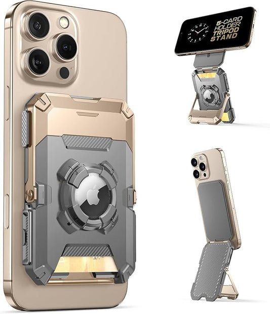 SUPCASE for MagSafe Wallet with AirTag Holder, Magnetic Airtag Wallet for Men, [Hold 5 Cards] [Adjustable Stand] [RFID Blocking] Phone Card Holder Tripod for iPhone 16/15/14/13/12 Series, DesertGold