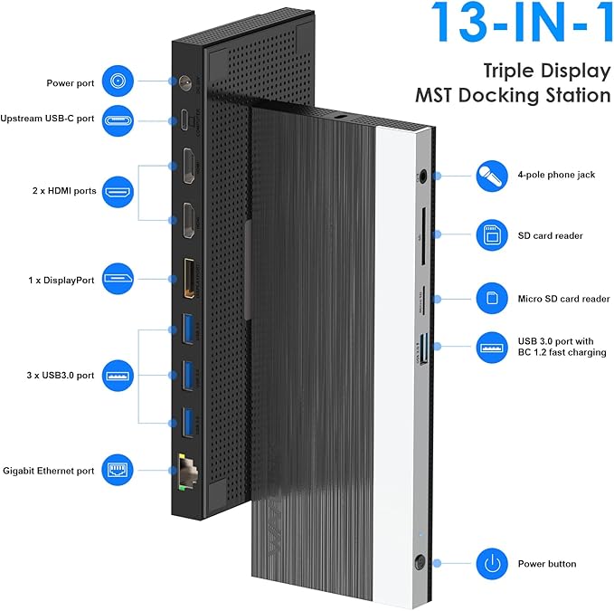 WAVLINK USB C Docking Station 4K Triple Display (2 HDMI + 1 Displayport) with 100W PC Charging, Gigabit Ethernet, 4 USB 3.0, SD/TF Card Slot, Audio, for Dell HP MacBook Lenovo and Other USB C Laptops