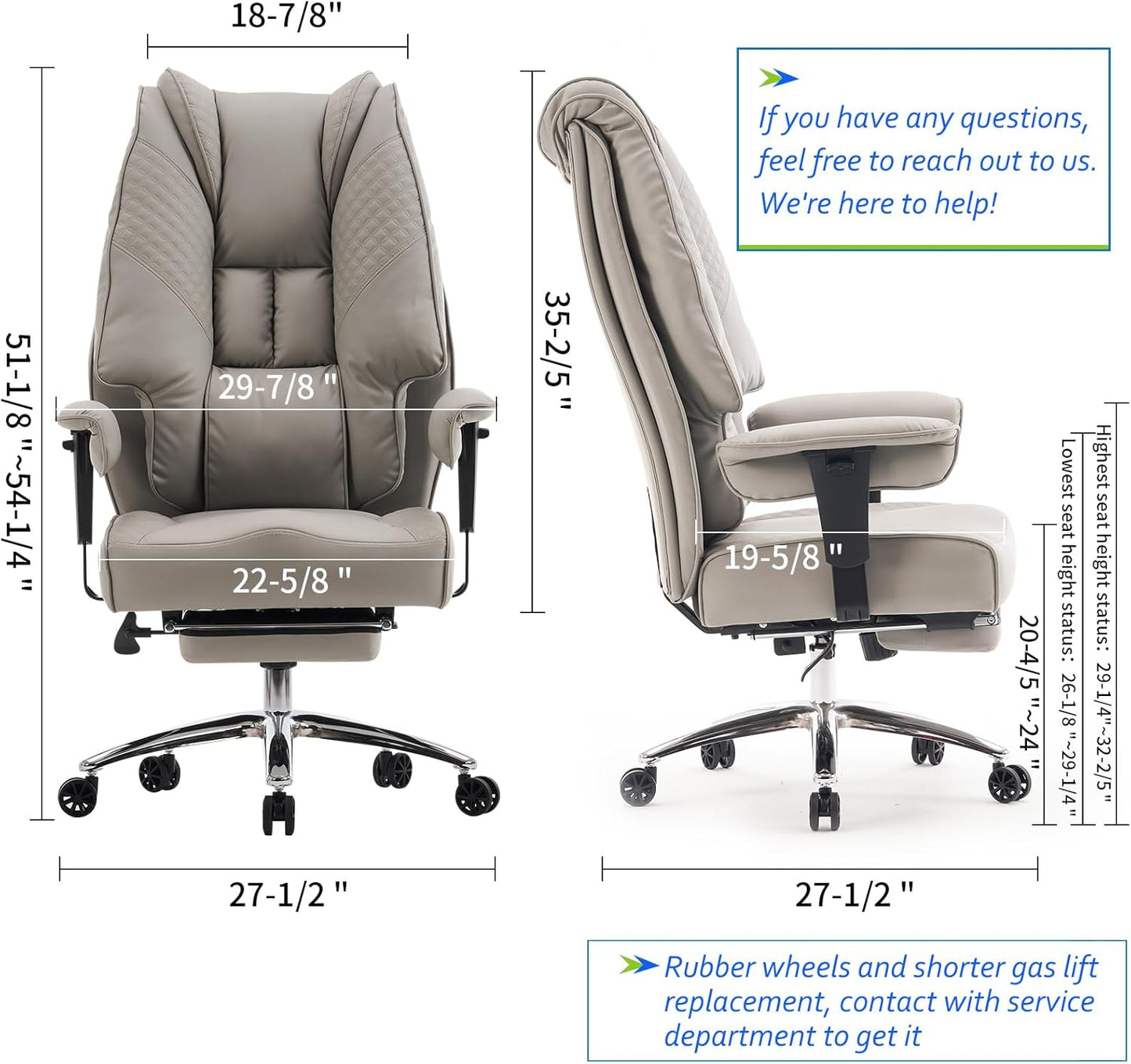 Big and Tall Office Chair 400lbs Wide Seat, Leather High Back Executive Office Chair with Foot Rest, Ergonomic Chairs Lumbar Support for Lower Back Pain Relief (Light Grey)