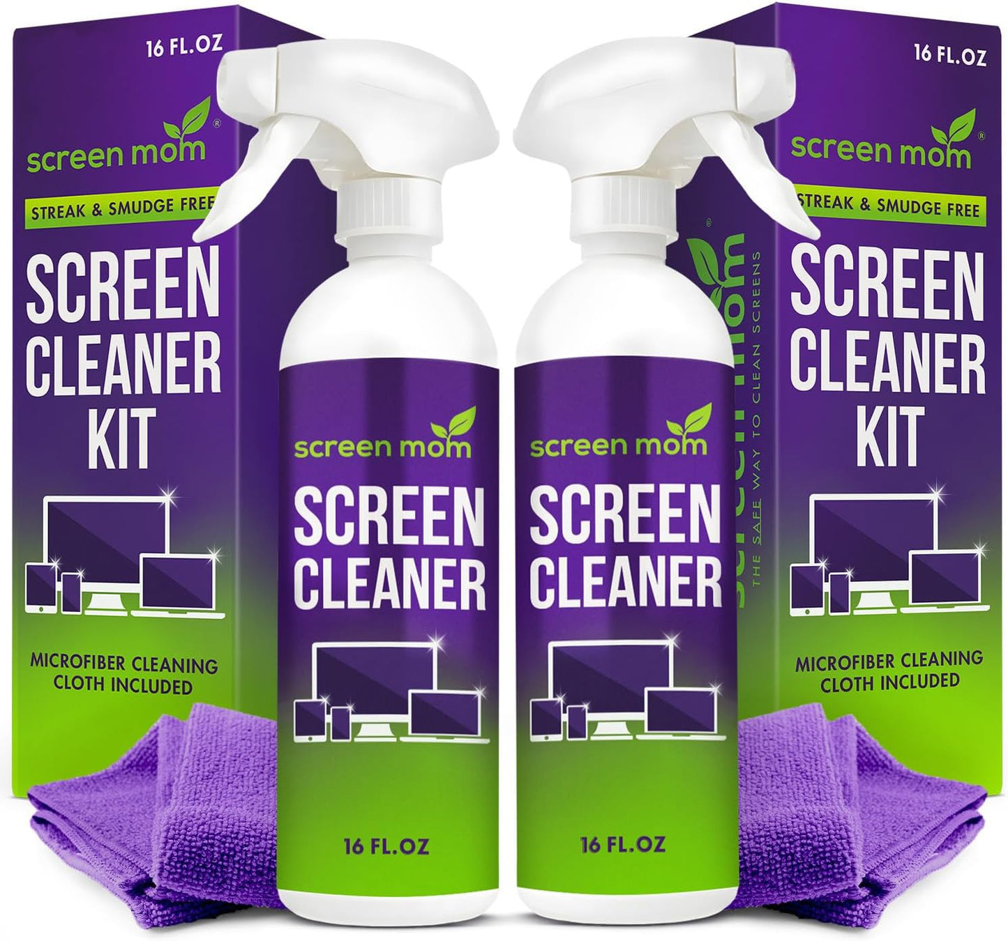 Screen Mom Screen Cleaner Spray and Microfiber Cloth 2-Pack (2x16oz) Screen Cleaner Spray and Wipe for TV, Computer, Phone, iPad, Car Screen Cleaning Kit Electronic Cleaner Spray