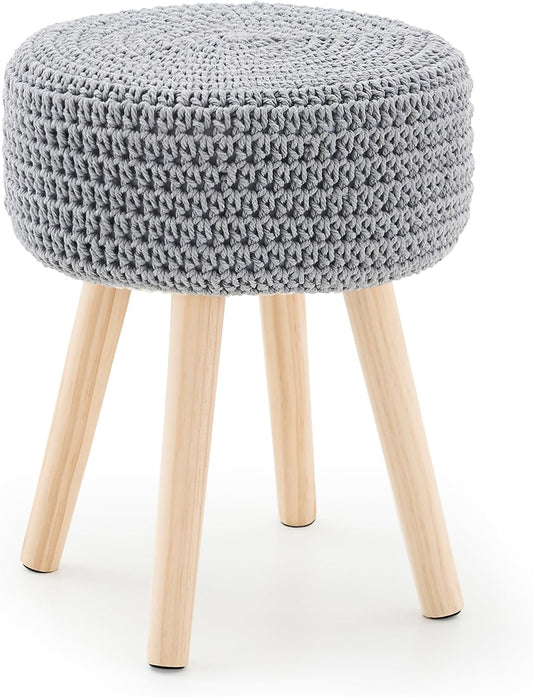 Cotton Knitted Ottoman Round Footstool Vanity Stool Modern Ottoman Footrest Stool with Non-Skid Wood Legs for Living Room Bedroom Grey