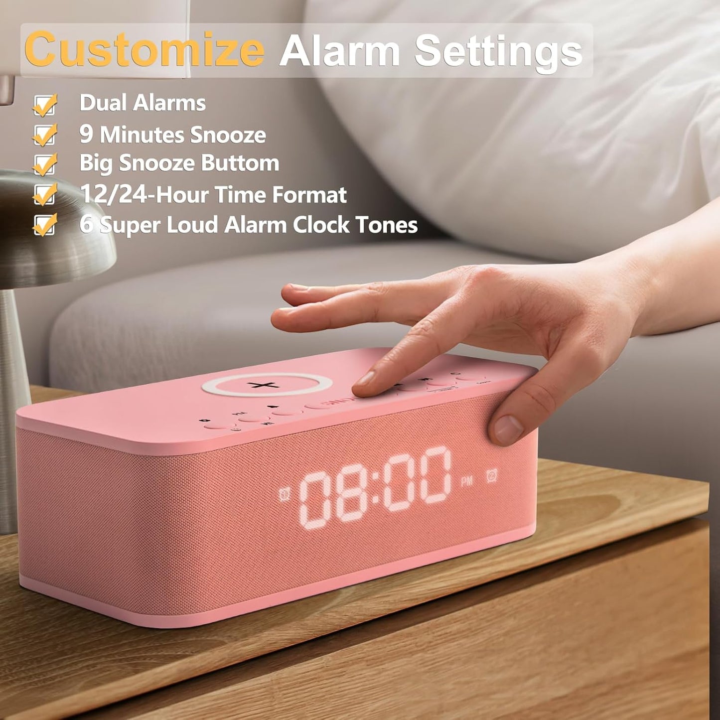 Alarm Clocks Large Snooze Button, Digital Clock USB Charger Port, Bluetooth Speaker Alarm Clock Bedroom AUX USB Bluetooth Speaker Wireless Charging 12/24H Dual Alarms Snooze Dimmer Sleep Timer, Pink