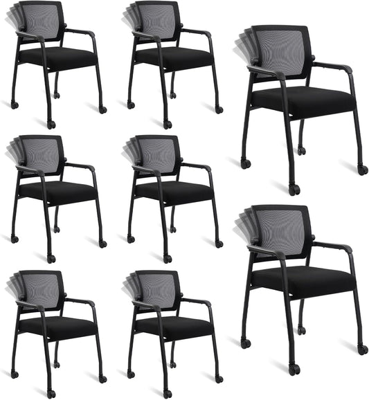 Waiting Room Chairs with Wheels, Adjustable Mesh Backrest, Desk Chair with Ergonomic Lumbar Support and Thickened Seats Cushion, 8 Pack Black