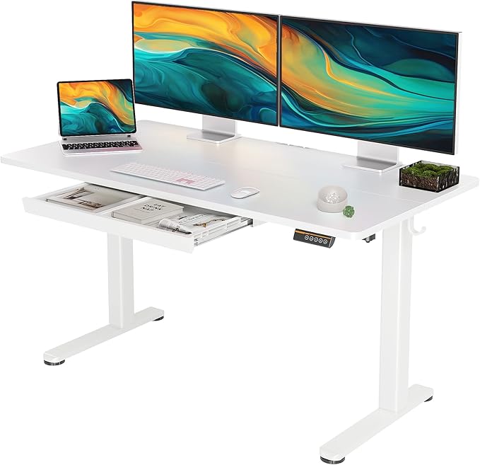 YDN Standing Desk with Drawers, 55 x 24 Inch Electric Adjustable Height Stand Up Desk, Sit Stand for Home Office, White