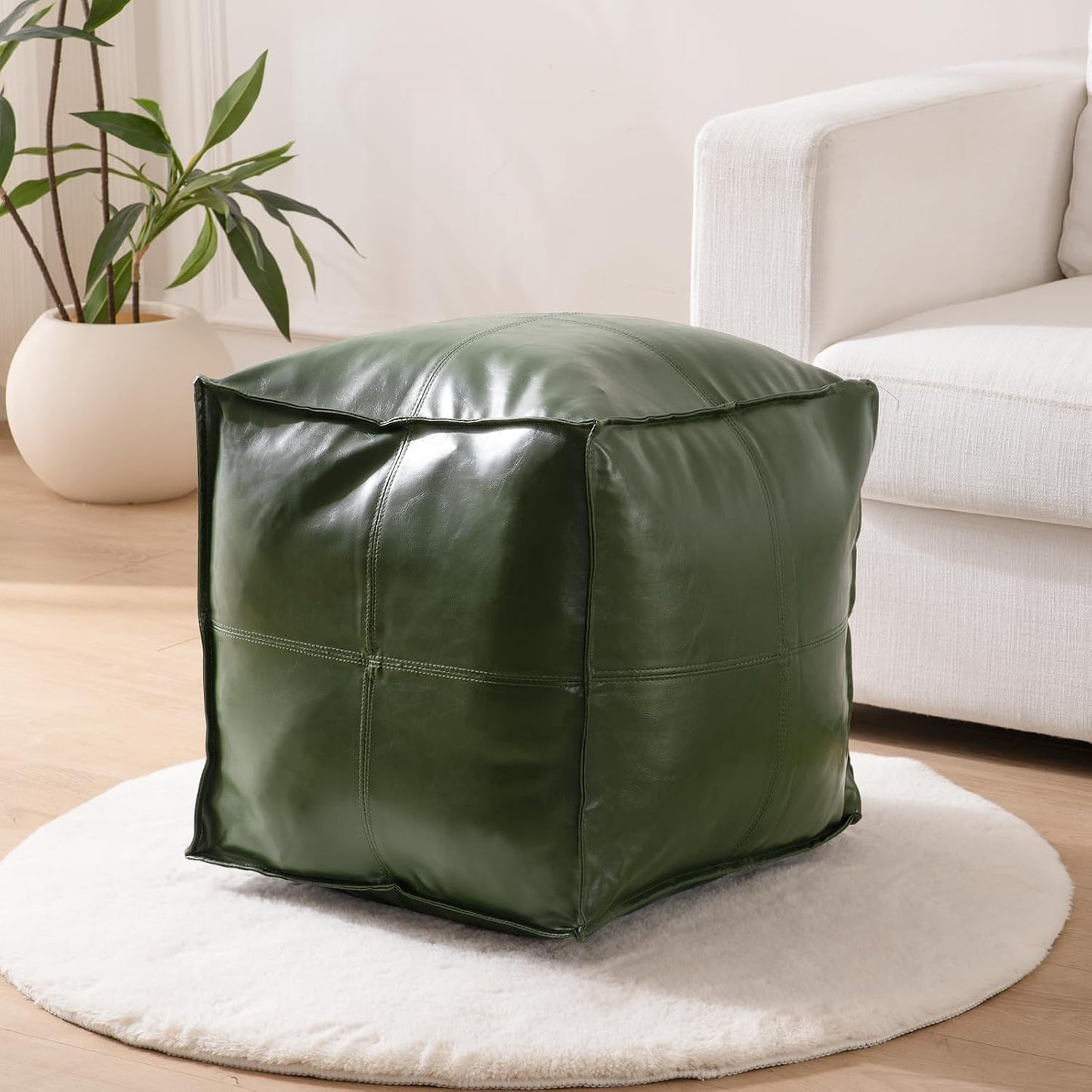 Unstuffed Pouf Cover, 17.7" Faux Leather Poofy Ottoman Cover, Square Footstool For Storage Living Room Decoration Foot Rest, Footrest for Bedroom Balcony Office Chair, (Only Cover, No Filler), Green
