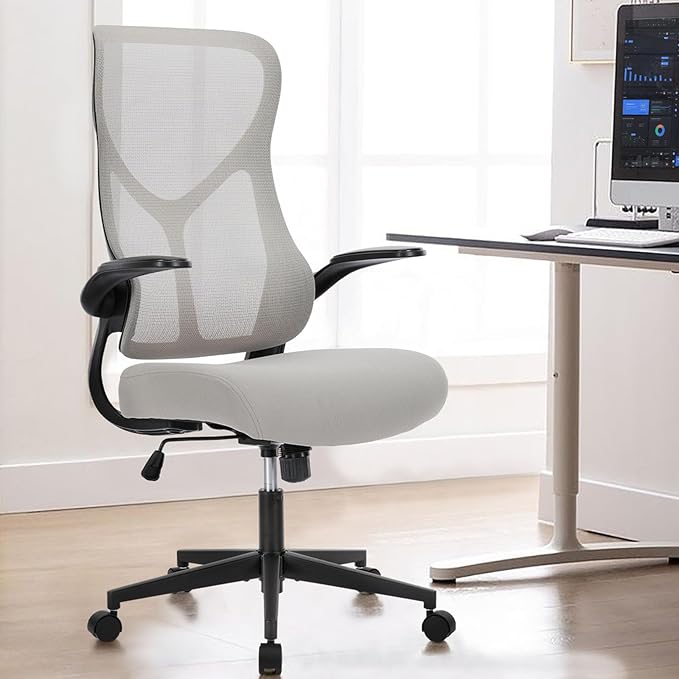 Sweetcrispy High Back Office Chair - Ergonomic Computer Gaming Mesh Chairs with Lumbar Support, with Soft Flip Up Arms, Adjustable Height and 360° Wheels, 120° Rocking Mode, Light Grey