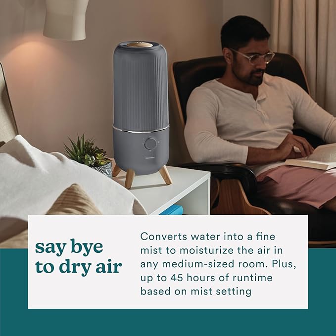 Homedics Ultrasonic Humidifier, Bedrooms and Home Offices, 0.97-Gallon Tank, 45-Hour Runtime, Visible Ultra-Quiet Cool Mist, Aromatherapy, Demineralization Cartridge, Night-Light, Auto-Off, Platinum