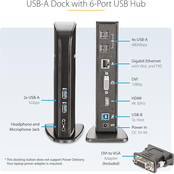 StarTech.com USB 3.0 Dual Monitor Docking Station with HDMI & DVI/VGA, 6x USB-A Ports, Ethernet, Audio & USB Type-A Hub, Universal Laptop Dock - Windows/macOS/ChromeOS, TAA (USB3SDOCKHD)