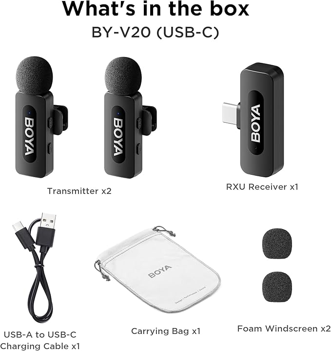 BOYA BY-V20 USB-C Wireless Microphone for Android Type-C,iPhone 16/15,328FT Los Range,9H Battery,Noise Reduction Mini Wireless Lavalier Lapel Mics for Interview YouTube TikTok(2TX+1RX)