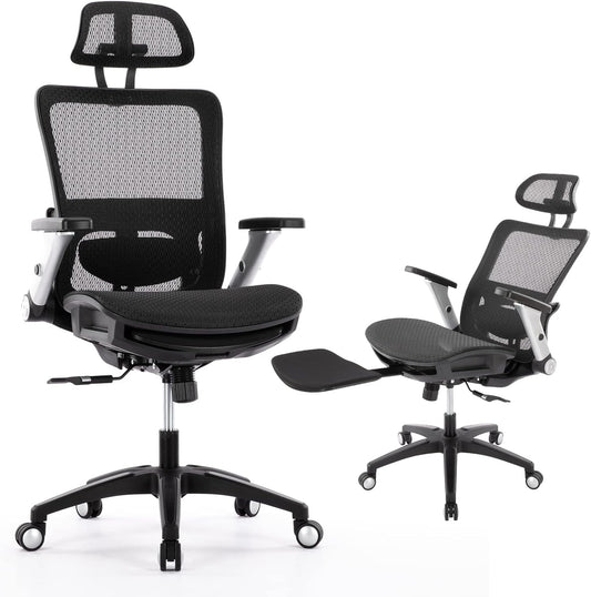 COLAMY Ergonomic Mesh Office Chair with Footrest, High Back Computer Executive Desk Chair with Headrest and 4D Flip-up Armrests, Adjustable Tilt Lock and Lumbar Support-Black