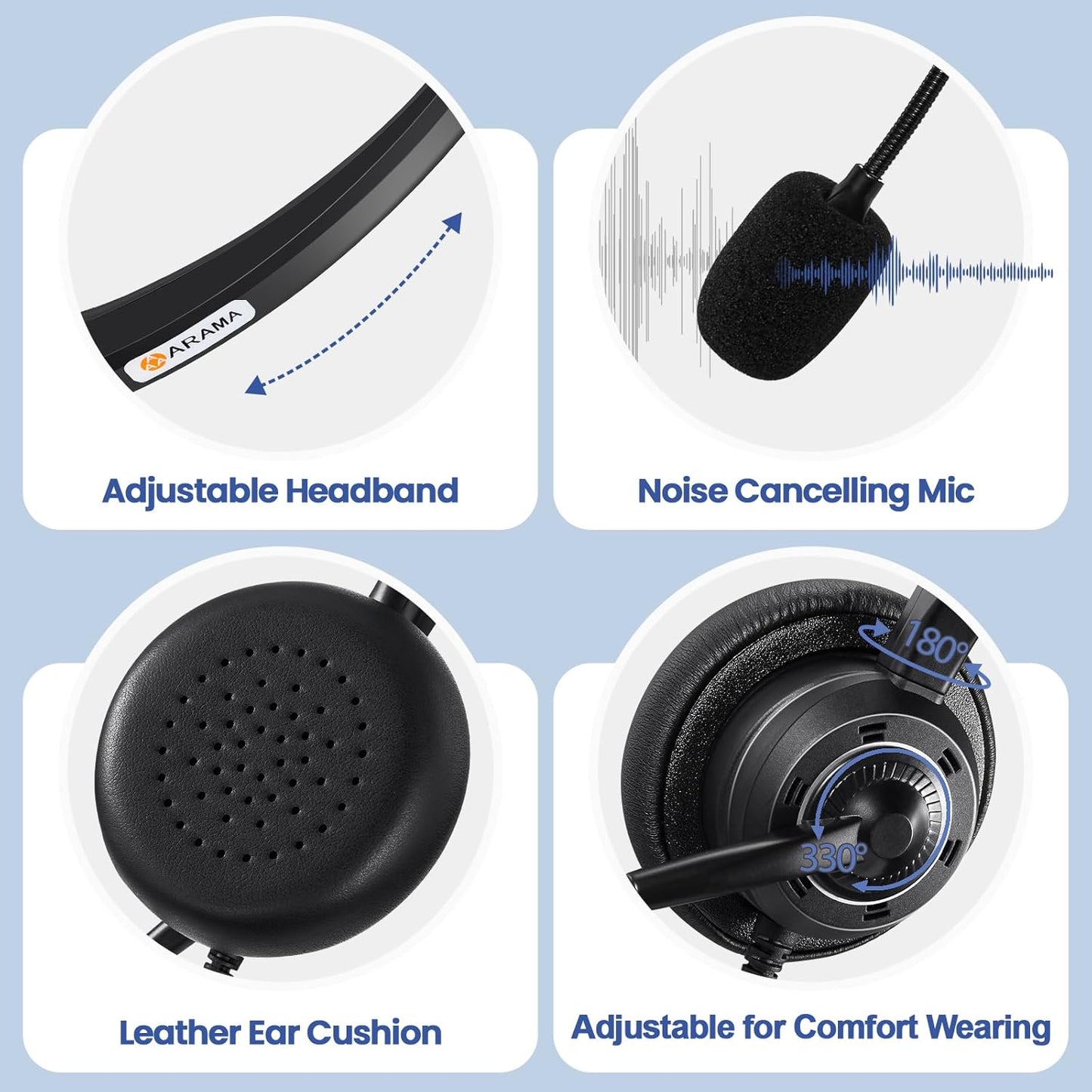 Arama USB Headset with Microphone for PC Laptop, On-Ear Wired Computer Headset with Noise Cancelling Mic & in-line Control for Home Office Call Center Online Class Skype Zoom（A202USB）